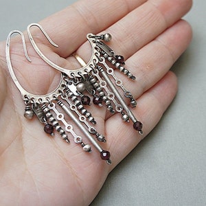 Earrings oxidized sterling silver 925 and garnet, handmade jewelry, long earrings, chain, raw earrings, modern earrings image 7