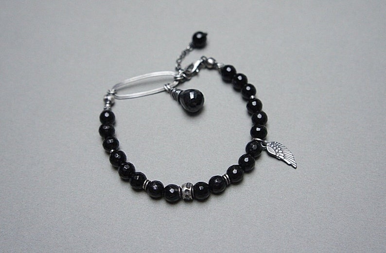 Bracelet oxidized sterling silver 925 with onyx, gemstone, handmade jewelry, bracelet beads, natural stones, black, wing image 1