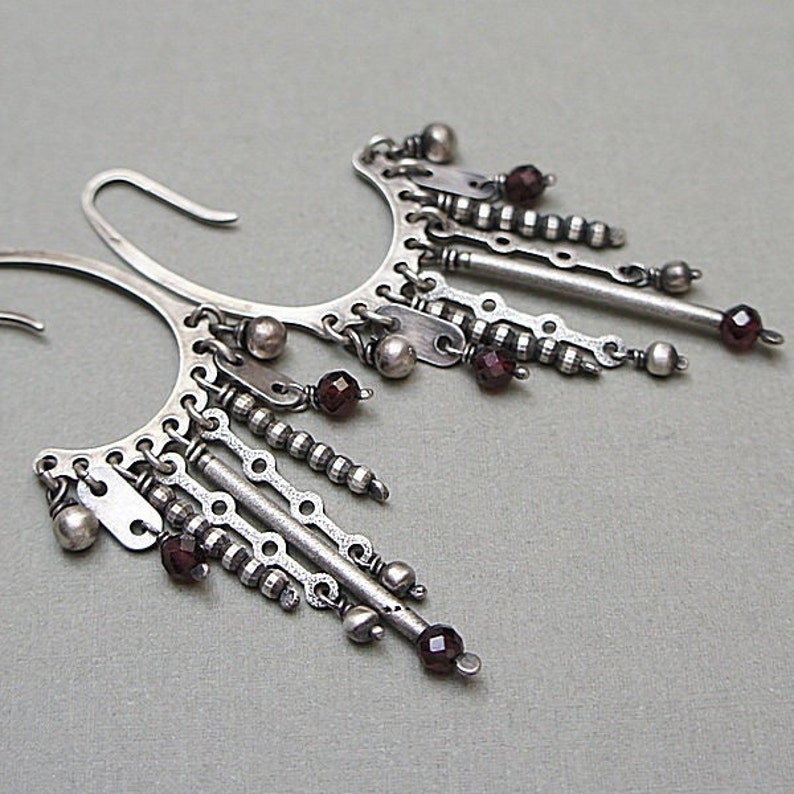 Earrings oxidized sterling silver 925 and garnet, handmade jewelry, long earrings, chain, raw earrings, modern earrings image 1