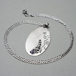 Necklace oxidized sterling silver 925, handmade jewelry, raw necklace, nature, dog tag, chain, badge, lavender, romantic image 1