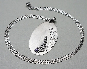 Necklace - oxidized sterling silver 925, handmade jewelry,  raw necklace, nature, dog tag, chain, badge, lavender, romantic