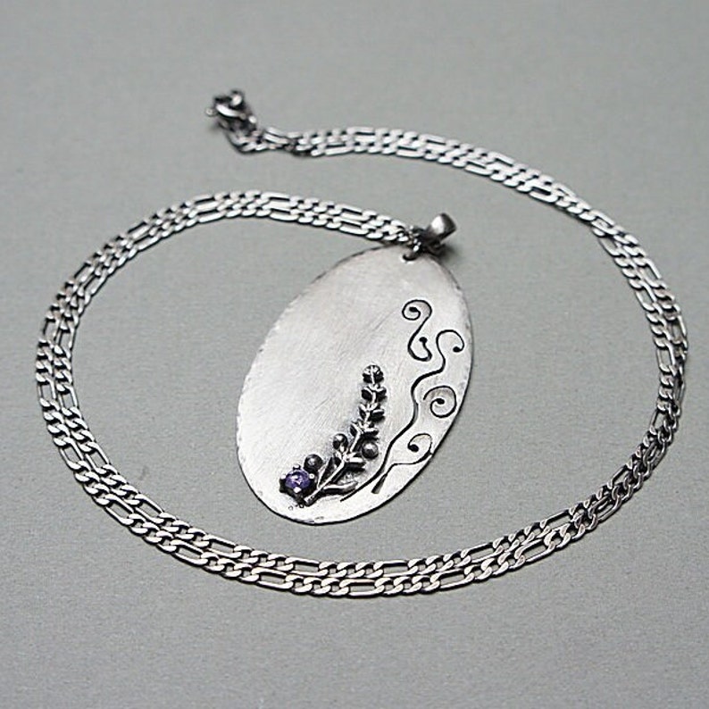 Necklace oxidized sterling silver 925, handmade jewelry, raw necklace, nature, dog tag, chain, badge, lavender, romantic image 1