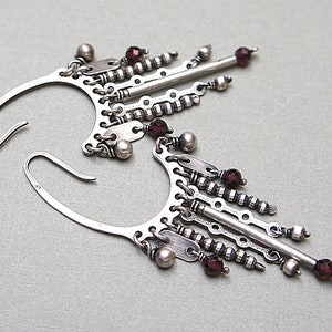 Earrings oxidized sterling silver 925 and garnet, handmade jewelry, long earrings, chain, raw earrings, modern earrings image 5