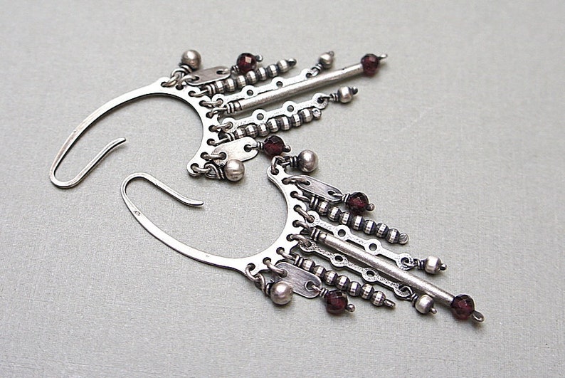 Earrings oxidized sterling silver 925 and garnet, handmade jewelry, long earrings, chain, raw earrings, modern earrings image 5