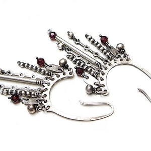 Earrings oxidized sterling silver 925 and garnet, handmade jewelry, long earrings, chain, raw earrings, modern earrings image 4