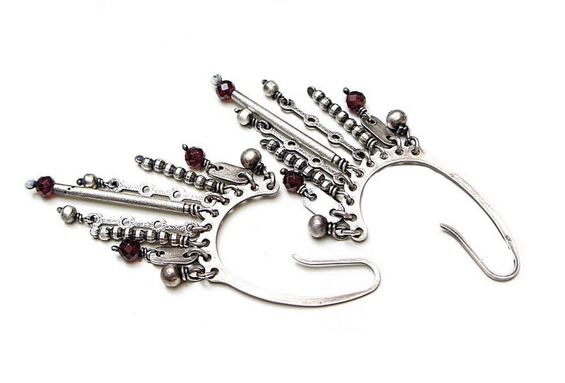 Earrings oxidized sterling silver 925 and garnet, handmade jewelry, long earrings, chain, raw earrings, modern earrings image 4