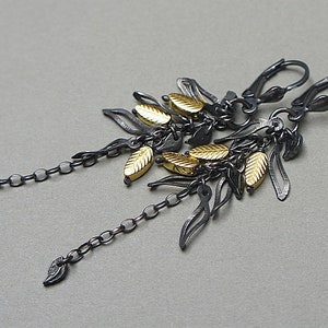 Oorbellen geoxideerde sterling zilveren oorbellen met kralen, handgemaakte sieraden, natuurstenen, romantische oorbellen, bladeren, goud en zwart afbeelding 4