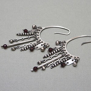 Earrings oxidized sterling silver 925 and garnet, handmade jewelry, long earrings, chain, raw earrings, modern earrings image 6