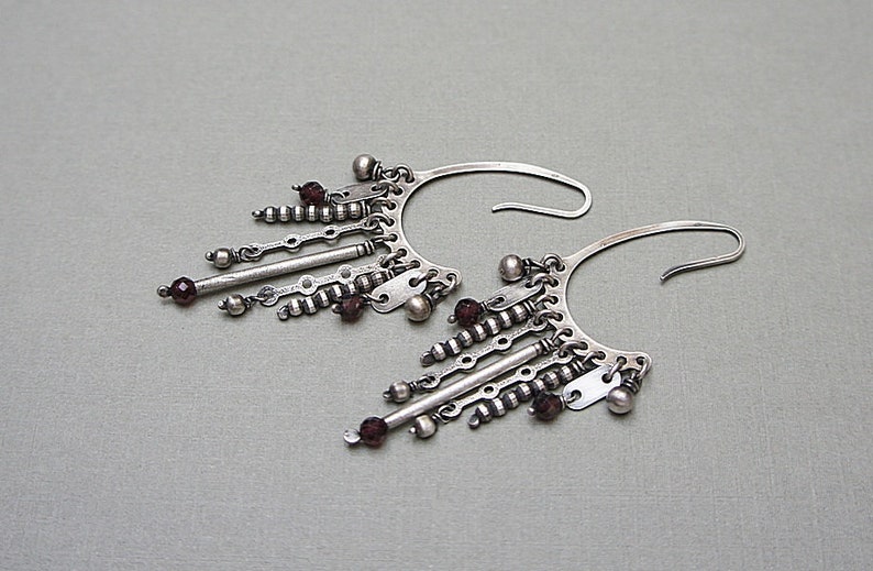 Earrings oxidized sterling silver 925 and garnet, handmade jewelry, long earrings, chain, raw earrings, modern earrings image 6