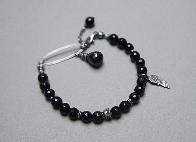 Bracelet oxidized sterling silver 925 with onyx, gemstone, handmade jewelry, bracelet beads, natural stones, black, wing image 4