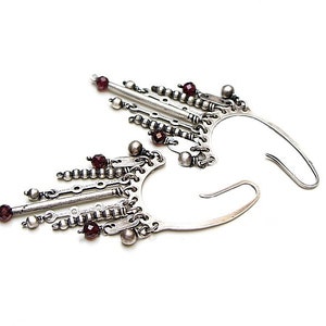 Earrings oxidized sterling silver 925 and garnet, handmade jewelry, long earrings, chain, raw earrings, modern earrings image 2