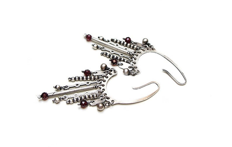 Earrings oxidized sterling silver 925 and garnet, handmade jewelry, long earrings, chain, raw earrings, modern earrings image 2