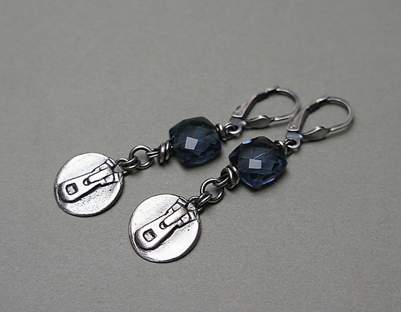 Earrings oxidized sterling silver 925, quartz London blue, earrings with beads, handmade jewelry, raw earrings, avant-garde, ZIP fastener image 5