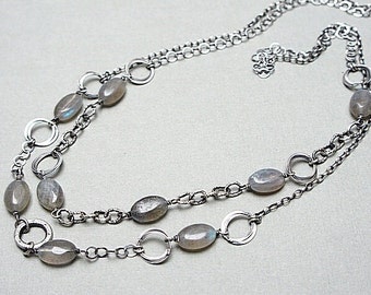 Ketting - geoxideerd sterling zilver 925 met labradoriet, edelsteen, handgemaakte sieraden, natuurstenen, ruwe ketting, mineralen