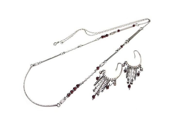 Earrings oxidized sterling silver 925 and garnet, handmade jewelry, long earrings, chain, raw earrings, modern earrings image 8
