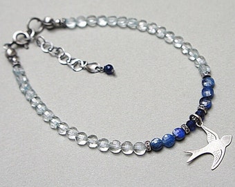 Armband - geoxideerd sterling zilver 925 met kwarts, kyaniet en saffier, edelsteen, handgemaakte sieraden, natuurstenen, blauw, mineralen, vogel