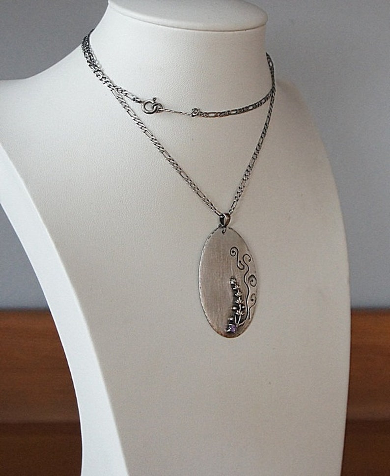 Necklace oxidized sterling silver 925, handmade jewelry, raw necklace, nature, dog tag, chain, badge, lavender, romantic image 9