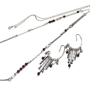 Earrings oxidized sterling silver 925 and garnet, handmade jewelry, long earrings, chain, raw earrings, modern earrings image 3