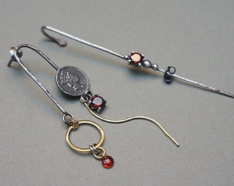 Ohrringe - oxidiertes Sterlingsilber 925, handgemachter Schmuck, lange Ohrringe, asymmetrische Ohrringe, Münzen, asymmetrische Ohrringe, zwei verschiedene