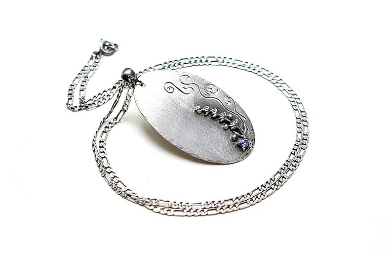 Necklace oxidized sterling silver 925, handmade jewelry, raw necklace, nature, dog tag, chain, badge, lavender, romantic image 6