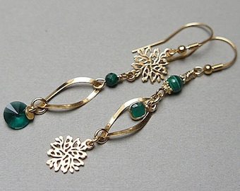 Earrings - gold plated silver 925, Swarovski crystals, handmade jewelry, lace, long earrings, asymmetric earrings, green earrings, chains