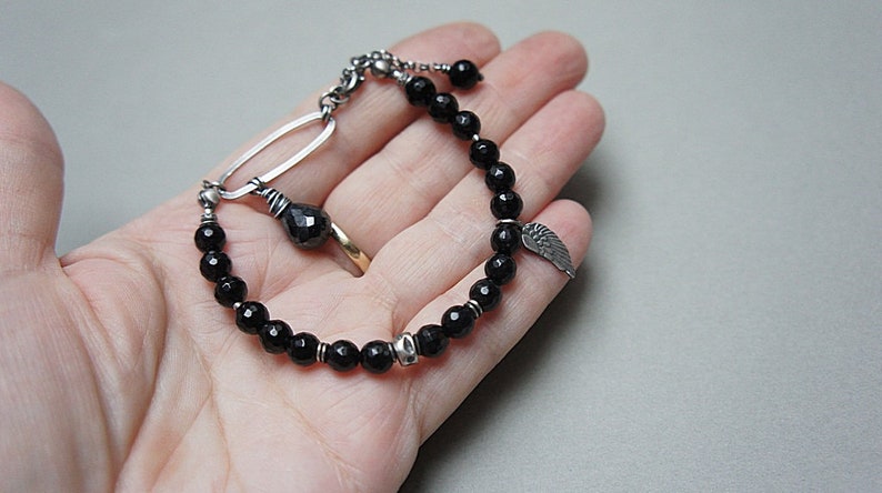 Bracelet oxidized sterling silver 925 with onyx, gemstone, handmade jewelry, bracelet beads, natural stones, black, wing image 5