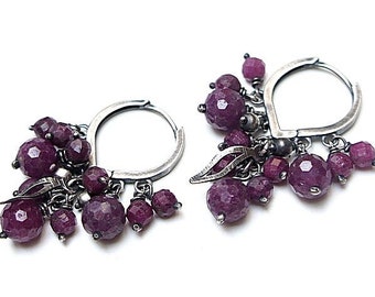 Earrings - oxidized sterling silver 925 and ruby, earrings with beads, handmade jewelry, natural stones