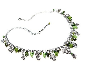 Ketting - geoxideerd sterling zilver 925 met natuurstenen, edelsteen, handgemaakte sieraden, kettingkralen, natuursteen, groen, bladeren