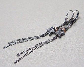 Earrings - oxidized sterling silver 925, earrings with hematite, handmade jewelry, long earrings, chains, flowers