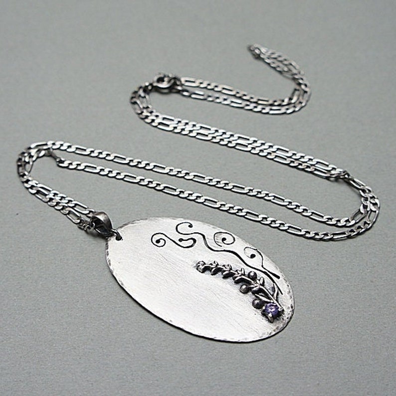 Necklace oxidized sterling silver 925, handmade jewelry, raw necklace, nature, dog tag, chain, badge, lavender, romantic image 2