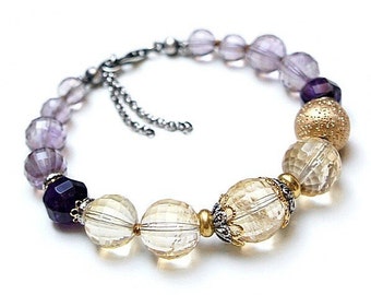 Bracelet - oxidized sterling silver 925 and gold - plated silver with amethyst, gemstone, handmade jewelry, bracelet beads, natural stones