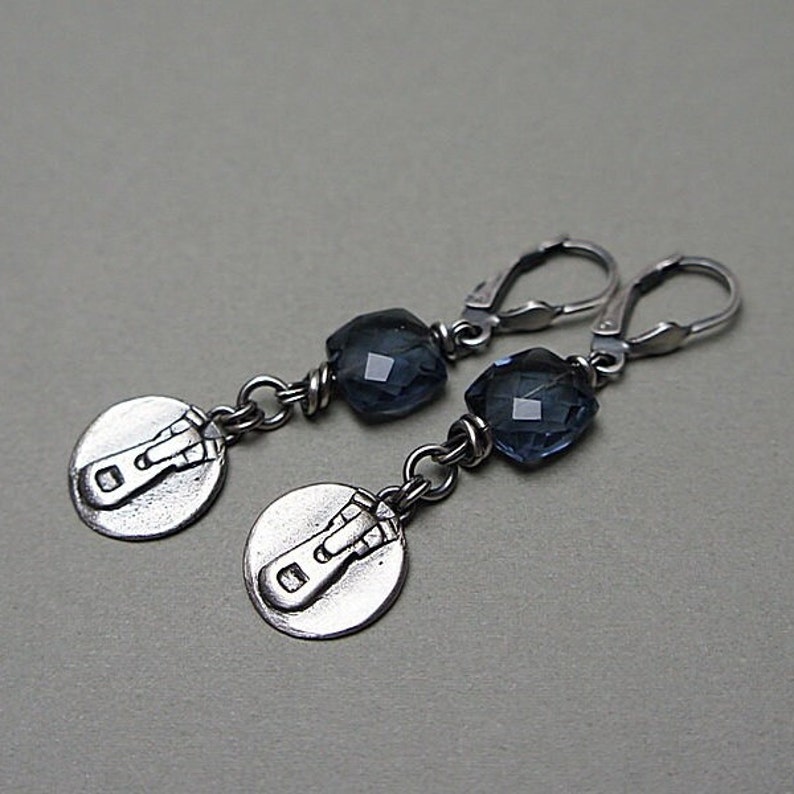 Earrings oxidized sterling silver 925, quartz London blue, earrings with beads, handmade jewelry, raw earrings, avant-garde, ZIP fastener image 1