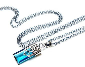 Necklace - oxidized sterling silver 925 and blue quartz,  necklace with natural stones, handmade jewelry, blue necklace, rectangular, chain