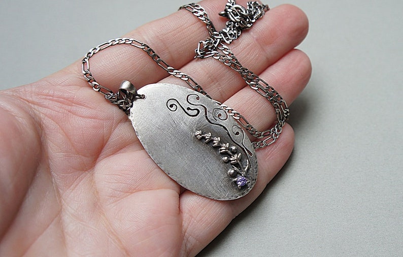 Necklace oxidized sterling silver 925, handmade jewelry, raw necklace, nature, dog tag, chain, badge, lavender, romantic image 10