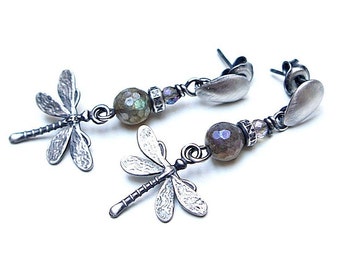 Earrings -  oxidized sterling silver 925, handmade jewelry, dragonfly, with natural stones, labradorite