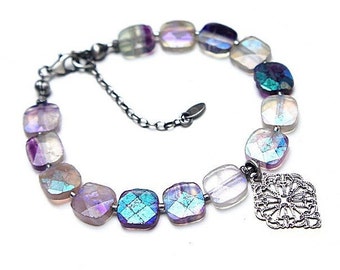 Armband - oxidiertes Sterlingsilber 925 mit Edelstein, handgemachter Schmuck, Armbandperlen, Natursteine, Pastelle, Violett, Fluorit