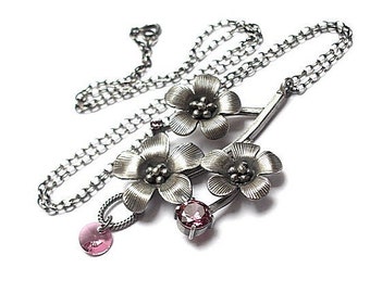 Necklace - oxidized sterling silver with Swarovski crystal, handmade jewelry, pink necklace, flower, romantic, magnolia