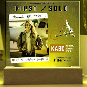 First Solo Flight Acrylic Plaque: Personalized Pilot Gift with LED Base