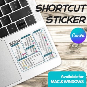 May include: A white sticker with the text "SHORTCUT STICKER" is placed on a laptop. The sticker includes Canva shortcuts for Mac and Windows, with sections for elements, text, and design shortcuts. A blue Canva logo is visible.