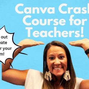 以下が含まれることがあります： 女性が笑顔で頭上に手を上げて、「Canva Crash Course for Teachers!」というテキストを囲んでいます。「1時間と9分！」というテキストも画像に表示されています。背景は薄い青色で、カラフルな幾何学模様が描かれています。
