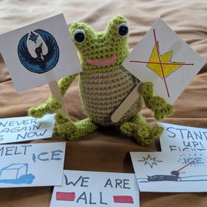Crochet Protest Frog Plush – "No Kings" Amigurumi Toy