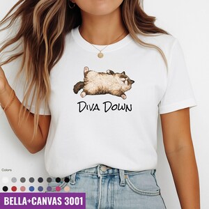 May include: White t-shirt with a graphic of a cat lying on its back, with the text "Diva Down" in black. The shirt is a Bella+Canvas 3001, with a variety of color options shown at the bottom.