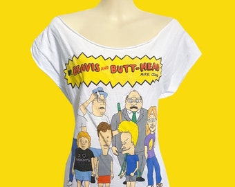 MTV Beavis & Butthead Women's Off Shoulder Vintage 1990s Custom Cut Tee Shirt