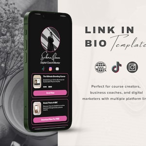 Puede incluir: La pantalla de un teléfono móvil que muestra una plantilla de enlace en biografía con una foto de una mujer, su nombre y el título "Digital Coach Mentor". La plantilla incluye enlaces a su sitio web, Instagram, TikTok y correo electrónico. También presenta dos botones para "Inscribirse ahora" y "Descargar ahora gratis".