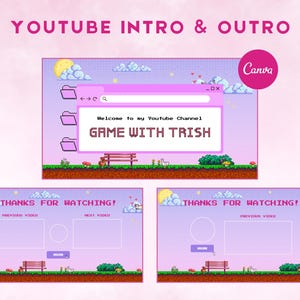 YouTube Intro And Outro Templates: Editable Canva Templates, Pixelated Game Theme YT Videos