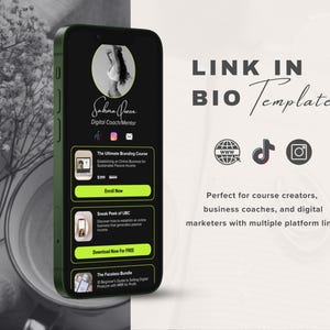 Pode incluir: A tela de um telefone móvel exibindo um modelo de link na bio para um mentor de coach digital. O modelo inclui uma foto de perfil, ícones de mídia social e links para vários cursos e recursos online. O texto "LINK IN BIO Template" é exibido no topo da tela.