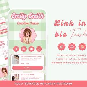 Può includere: Un mockup di uno schermo di telefono cellulare rosa e verde con il testo "Emily Smith Creative Coach" e "Link in bio Template". Lo schermo mostra un modello di link in bio con icone di social media, una descrizione del corso e il testo "Completamente modificabile sulla piattaforma Canva".