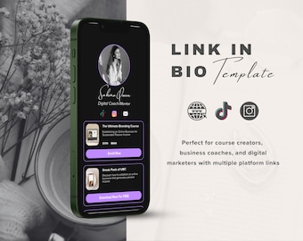 以下が含まれることがあります： スマートフォンは、黒い背景と紫色のアクセントのLink in Bioテンプレートを表示しています。画面にはプロフィール写真、ソーシャルメディアのアイコン、コース情報が表示されています。テキストは「Digital Coach Mentor」と表示されています。
