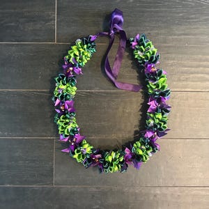 Purple and green Ribbon Deluxe Lei with wooden and Kukui Nut Bead for Birthdays Anniversaries Graduation