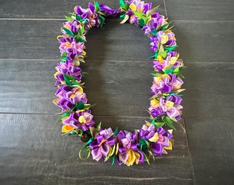 Purple with Yellow Ribbon Deluxe Lei with Kukui Nut Bead